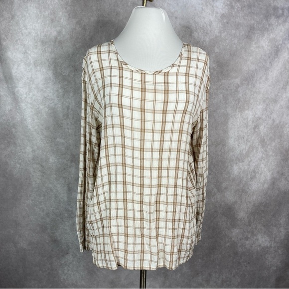 Flax Plaid Windowpane Viscose Blouse in White Tan Women's Size S - Picture 1 of 7